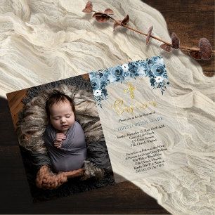 Invitations En Acrylique Faux or Baptême Photo Garçon Floral Aquarelle Bleu
