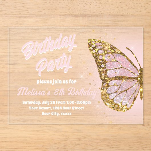 Invitations En Acrylique faux parties scintillant papillon conception Anniv (Recto)