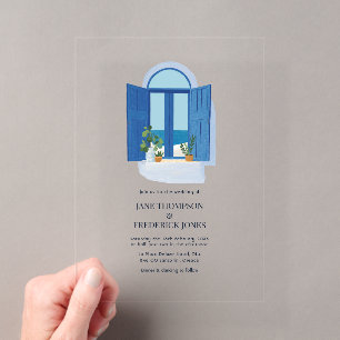 Invitations En Acrylique Fenêtre bleue de Santorin Mariage île grecque