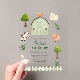 Invitations En Acrylique Ferme d'animaux à l'aquarelle Fête d'anniversaire