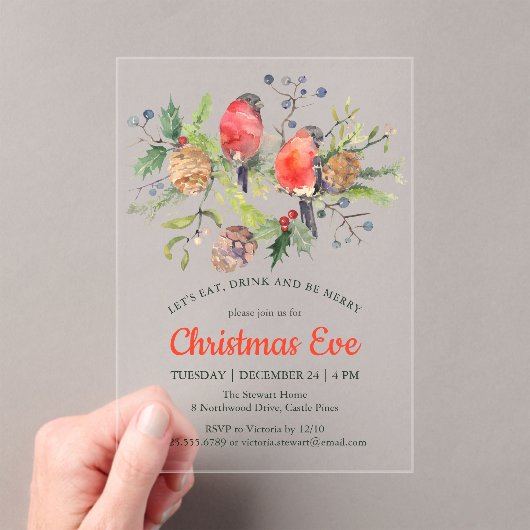 Invitations En Acrylique Festif Noël Eve Aquarelle Bullfinch Floral (In situ (ordinateur de poche))