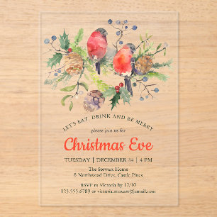 Invitations En Acrylique Festif Noël Eve Aquarelle Bullfinch Floral