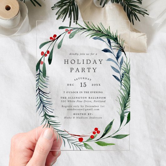 Invitations En Acrylique Festive et Holly Berries Wreath Holiday