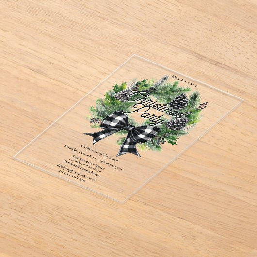 Invitations En Acrylique Festive Holiday Wreath BW Bow Christmas Party (Poser)
