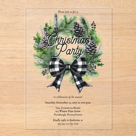 Invitations En Acrylique Festive Holiday Wreath BW Bow Christmas Party (Recto)