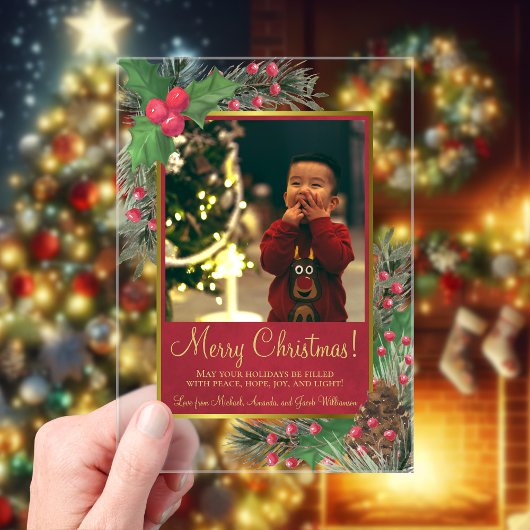 Invitations En Acrylique Festive Holly & Pine Joyeux Carte photo de Noël