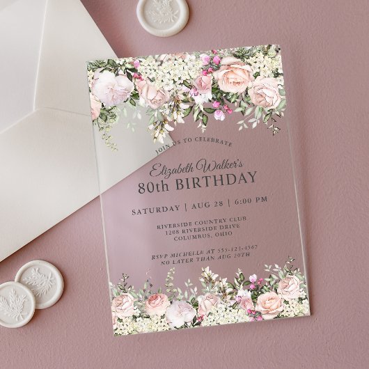Invitations En Acrylique Fête 80e anniversaire des Roses roses rose féminin