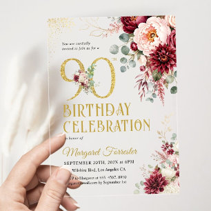 Invitations En Acrylique Fête 90 ans Burgundy Blush Floral Gold Glitter
