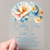 Invitations En Acrylique Fête Anniversaire Bleu Jaune Fleurs blanches