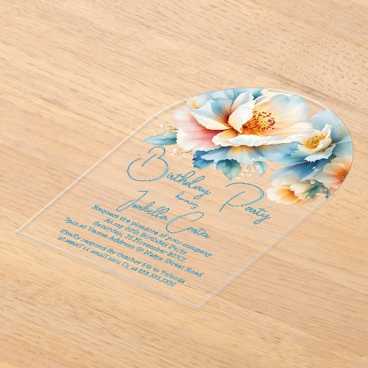 Invitations En Acrylique Fête Anniversaire Bleu Jaune Fleurs blanches (Poser)