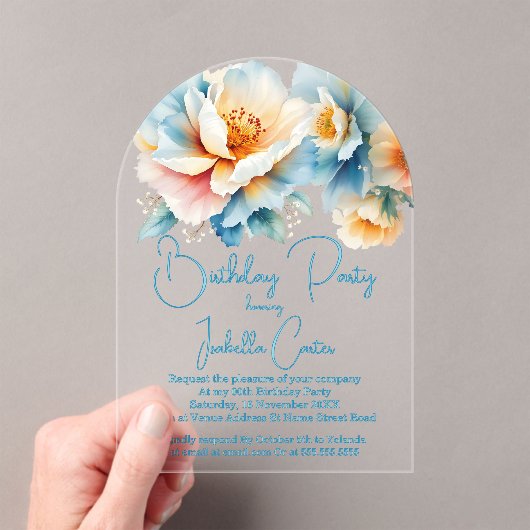 Invitations En Acrylique Fête Anniversaire Bleu Jaune Fleurs blanches (In situ (ordinateur de poche))