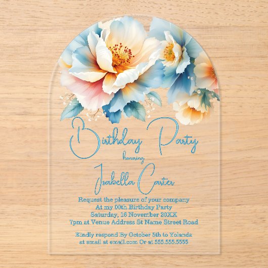 Invitations En Acrylique Fête Anniversaire Bleu Jaune Fleurs blanches (Recto)
