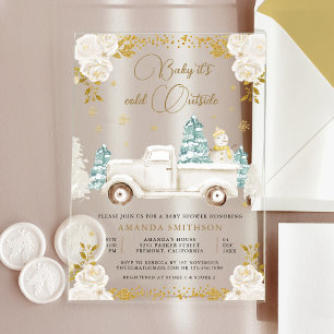 Invitations En Acrylique Fête bébé bonhomme de neige camion floral or blanc