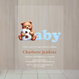 Invitations En Acrylique Fête bébé ours en peluche bleu