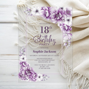 Invitations En Acrylique Fête d'anniversaire 18 ans aux fleurs roses modern