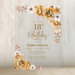Invitations En Acrylique Fête d'anniversaire 18 ans florale orange élégante