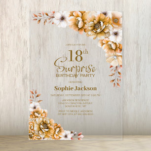 Invitations En Acrylique Fête d'anniversaire 18 ans surprise florale orange