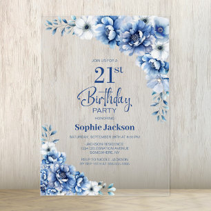Invitations En Acrylique Fête d'anniversaire 21 ans florale bleue élégante
