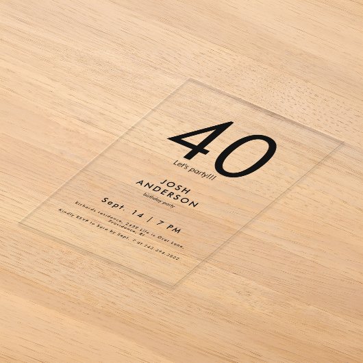 Invitations En Acrylique Fête d'anniversaire 40 ans de luxe (Poser)