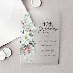 Invitations En Acrylique Fête d'anniversaire 40 ans Fleur de Poinsettia Bla