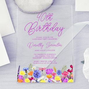Invitations En Acrylique Fête d'anniversaire 40 ans Fleur sauvage boho viol