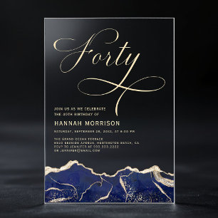 Invitations En Acrylique Fête d'anniversaire 40 ans Navy Blue Gold Agate