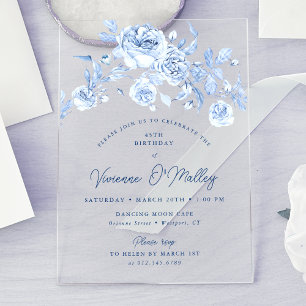 Invitations En Acrylique Fête d'anniversaire 45 ans Dusty Blue Floral