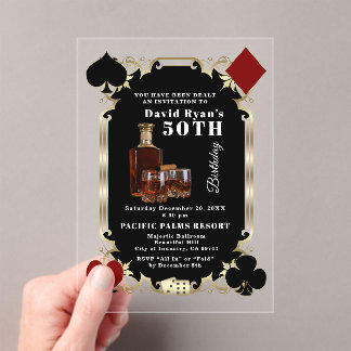 Invitations En Acrylique Fête d'anniversaire 50 ans Glam Whiskey et cigare