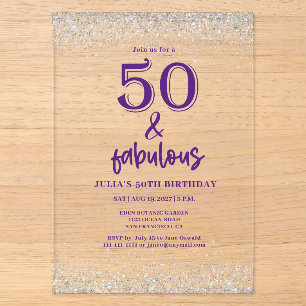 Invitations En Acrylique Fête d'anniversaire 50 ans Glitter Argent Violet