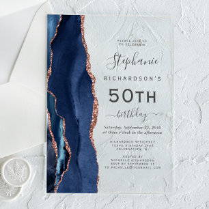 Invitations En Acrylique Fête d'anniversaire 50 ans Rose Gold et Bleu Marin
