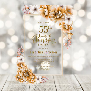 Invitations En Acrylique Fête d'anniversaire 55 ans Fleur Orange Moderne