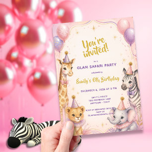 Invitations En Acrylique Fête d'anniversaire 5 ans Pink Glam Safari