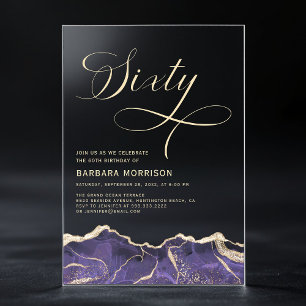 Invitations En Acrylique Fête d'anniversaire 60 ans Agate Or Violet