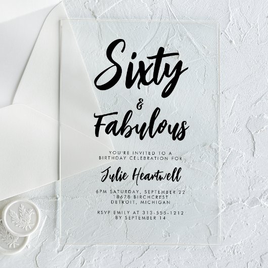 Invitations En Acrylique Fête d'anniversaire 60 ans avec un script minimal