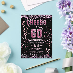 Invitations En Acrylique Fête d'anniversaire 60 ans Strass Pailletés Rose
