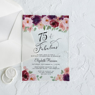 Invitations En Acrylique Fête d'anniversaire 75 ans élégante florale