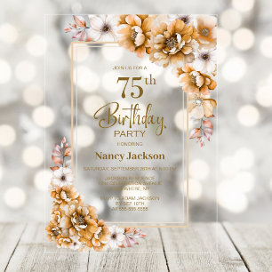 Invitations En Acrylique Fête d'anniversaire 75 ans Floral Orange Moderne