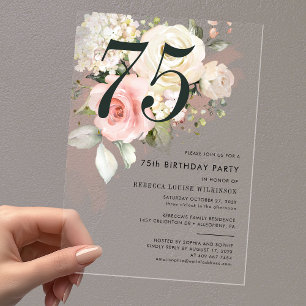 Invitations En Acrylique Fête d'anniversaire 75 ans floral rose aquarelle
