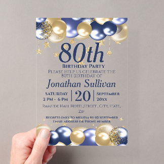 Invitations En Acrylique Fête d'anniversaire 80 ans ballons dorés marine