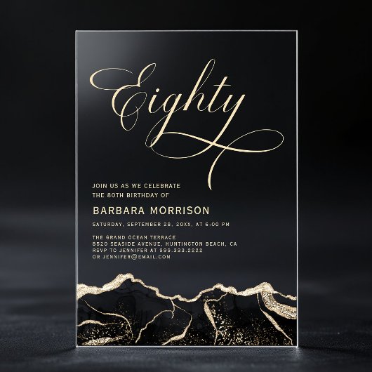 Invitations En Acrylique Fête d'anniversaire 80 ans Black Gold Agate