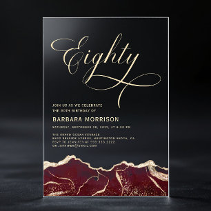 Invitations En Acrylique Fête d'anniversaire 80 ans Burgundy Gold Agate