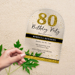 Invitations En Acrylique Fête d'anniversaire 80 ans paillettes noir et or