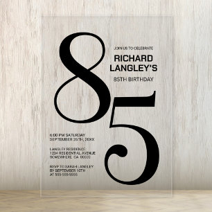 Invitations En Acrylique Fête d'anniversaire 85 ans Texte Noir Gras Moderne