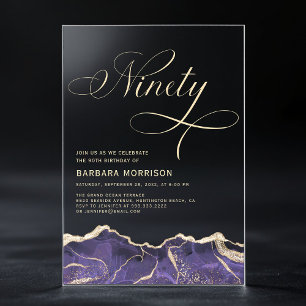 Invitations En Acrylique Fête d'anniversaire 90 ans Agate Or Violet