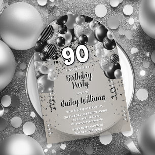 Invitations En Acrylique Fête d'anniversaire 90 ans Ballons Noir Argent