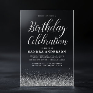 Invitations En Acrylique Fête d'anniversaire argenté moderne paillettes pou