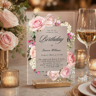 Invitations En Acrylique Fête d'anniversaire calligraphie Roses Roses éléga