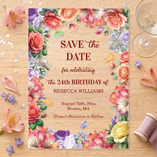 Invitations En Acrylique Fête d'anniversaire colorée florale 24 ans Enregis