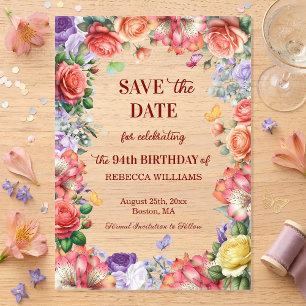 Invitations En Acrylique Fête d'anniversaire colorée florale 94 ans Save th