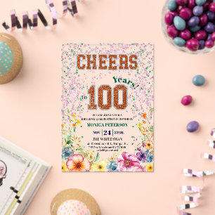 Invitations En Acrylique Fête d'anniversaire de 100 ans Floral Pailleté Éme